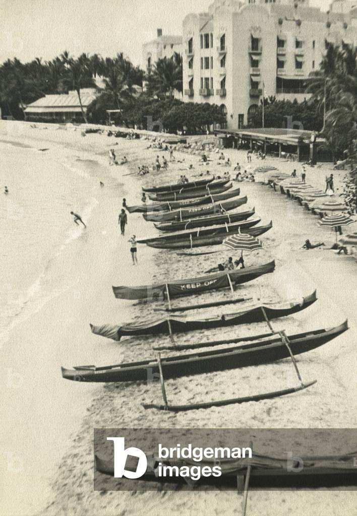 Canoes on Waikiki Beach, c.1920s (b/w photo)