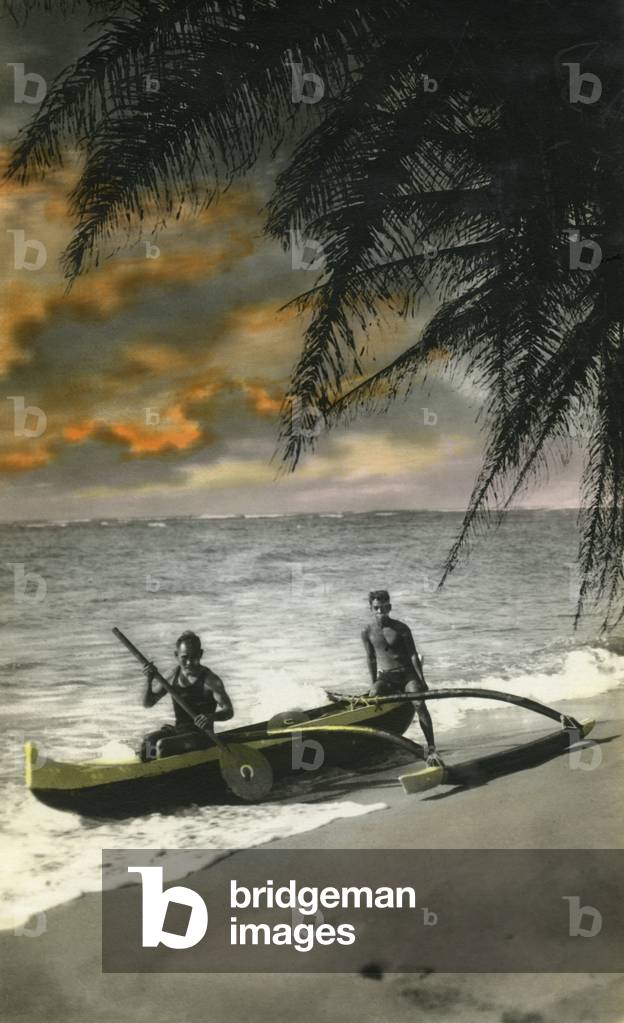 Outrigger canoe on the beach (hand-coloured photo)