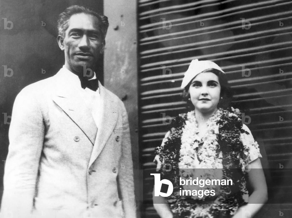 Duke Kahanamoku and heiress Barbara Hutton-Woolworth (b/w photo)