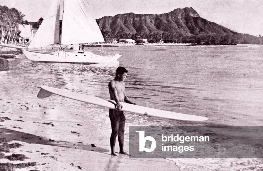 Surfer at Waikiki Beach, c.1930s (b/w photo)