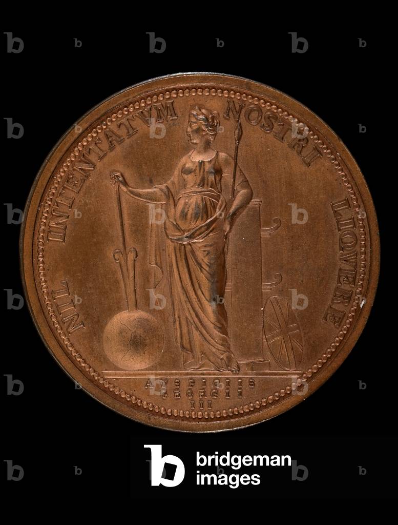 Reverse of medal commemorating Captain James Cook which depicts Fortune leaning on a column and resting her hand on a rudder fixed to a globe, Royal Horticultural Society (bronze)