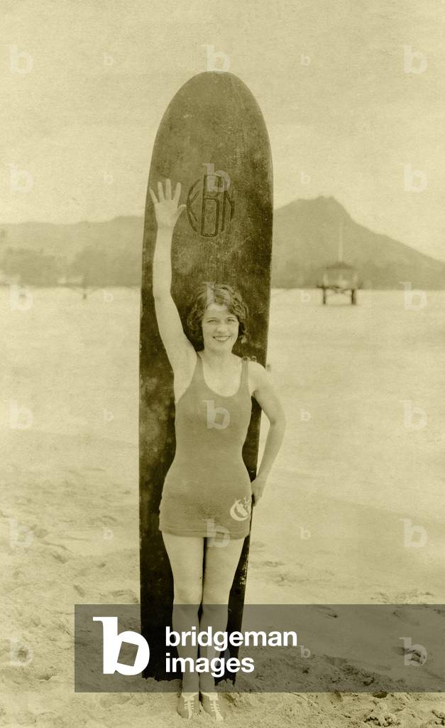 Surfer girl on Waikiki Beach, c.1915 (b/w photo)