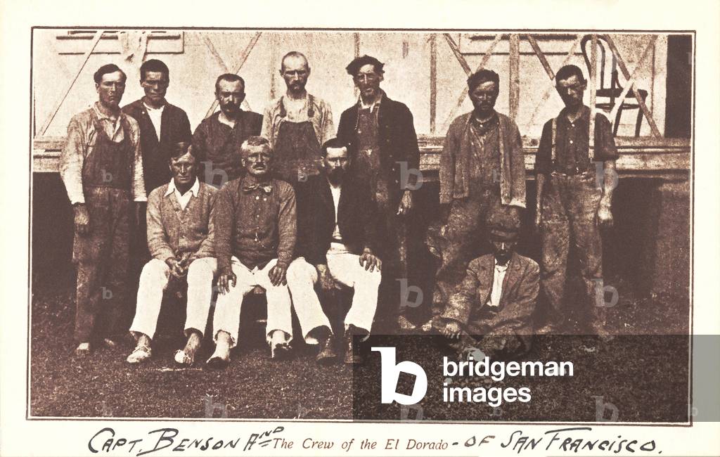 Capt. Benson and the Crew of the El Dorado of San Francisco, photo c.1910s, printed as a postcard in the 1920s (b/w photo)