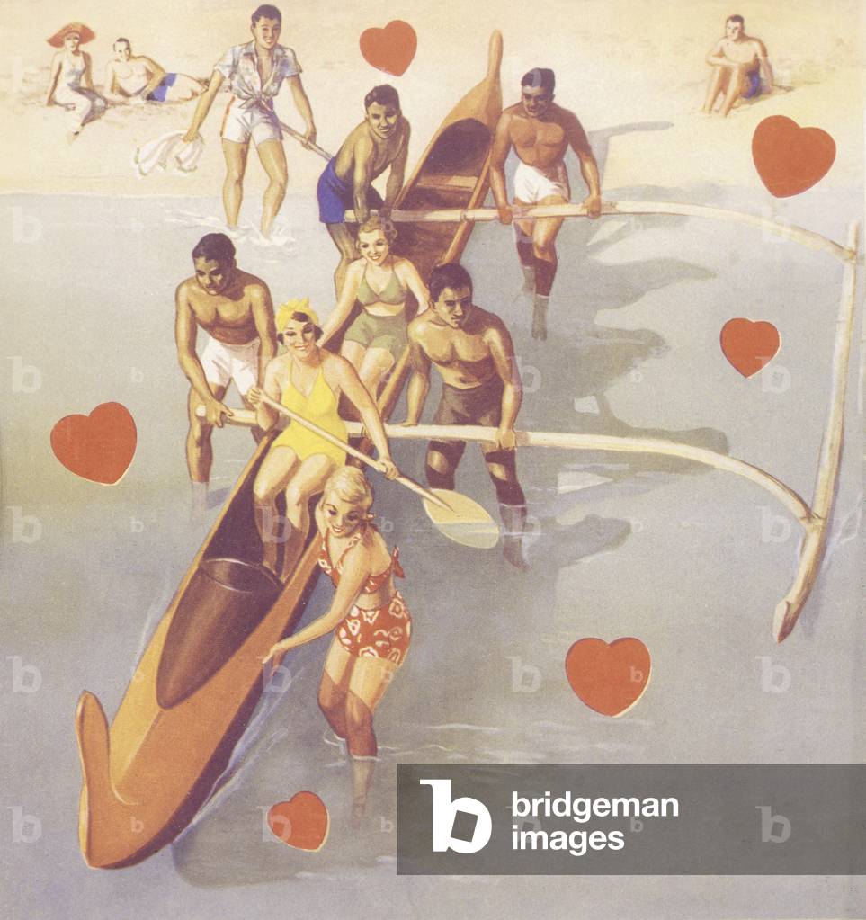 Outrigger canoe on Waikiki beach, from a Valentine's Day card (colour litho)