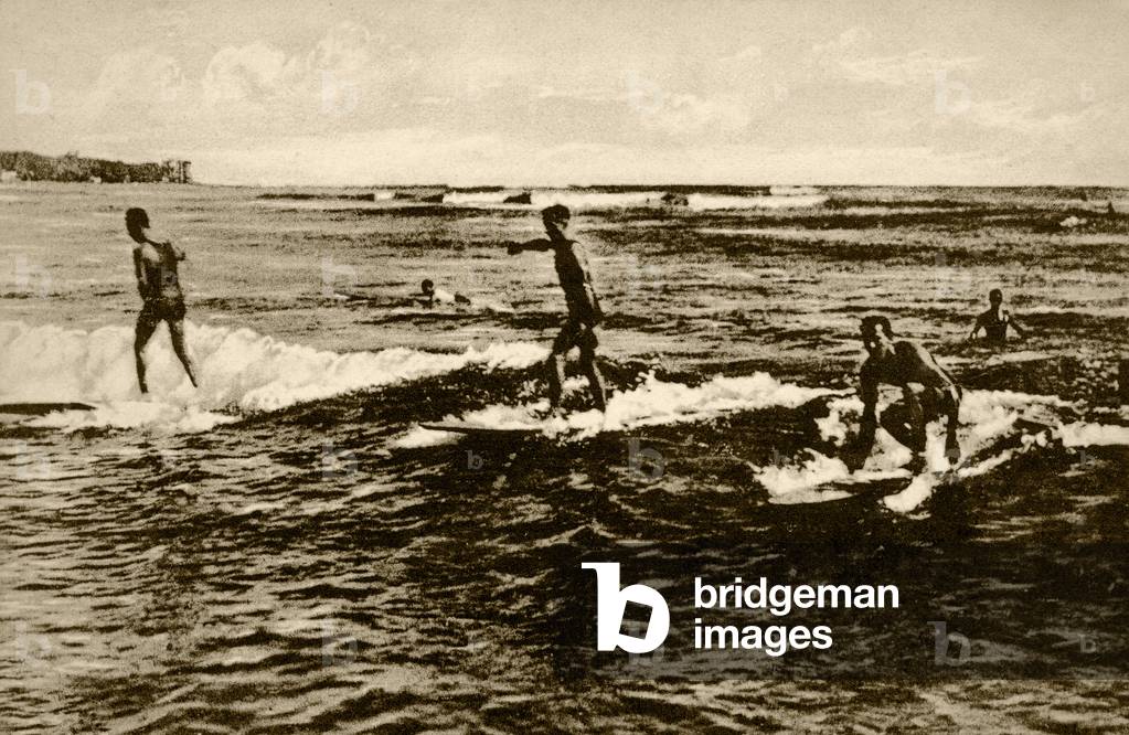 Surfers at Waikiki Beach, c.1900s (b/w photo)