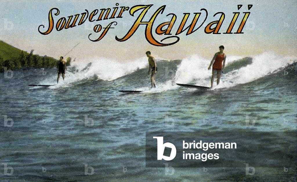 Surfers at Waikiki Beach (colour litho)