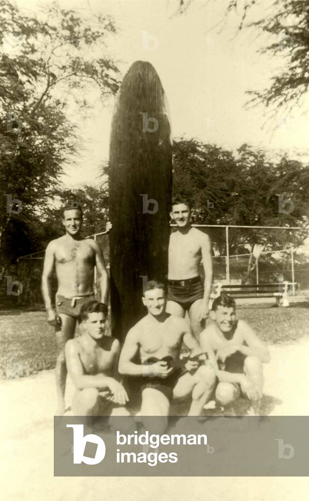 Surfers at Waikiki Beach (b/w photo)