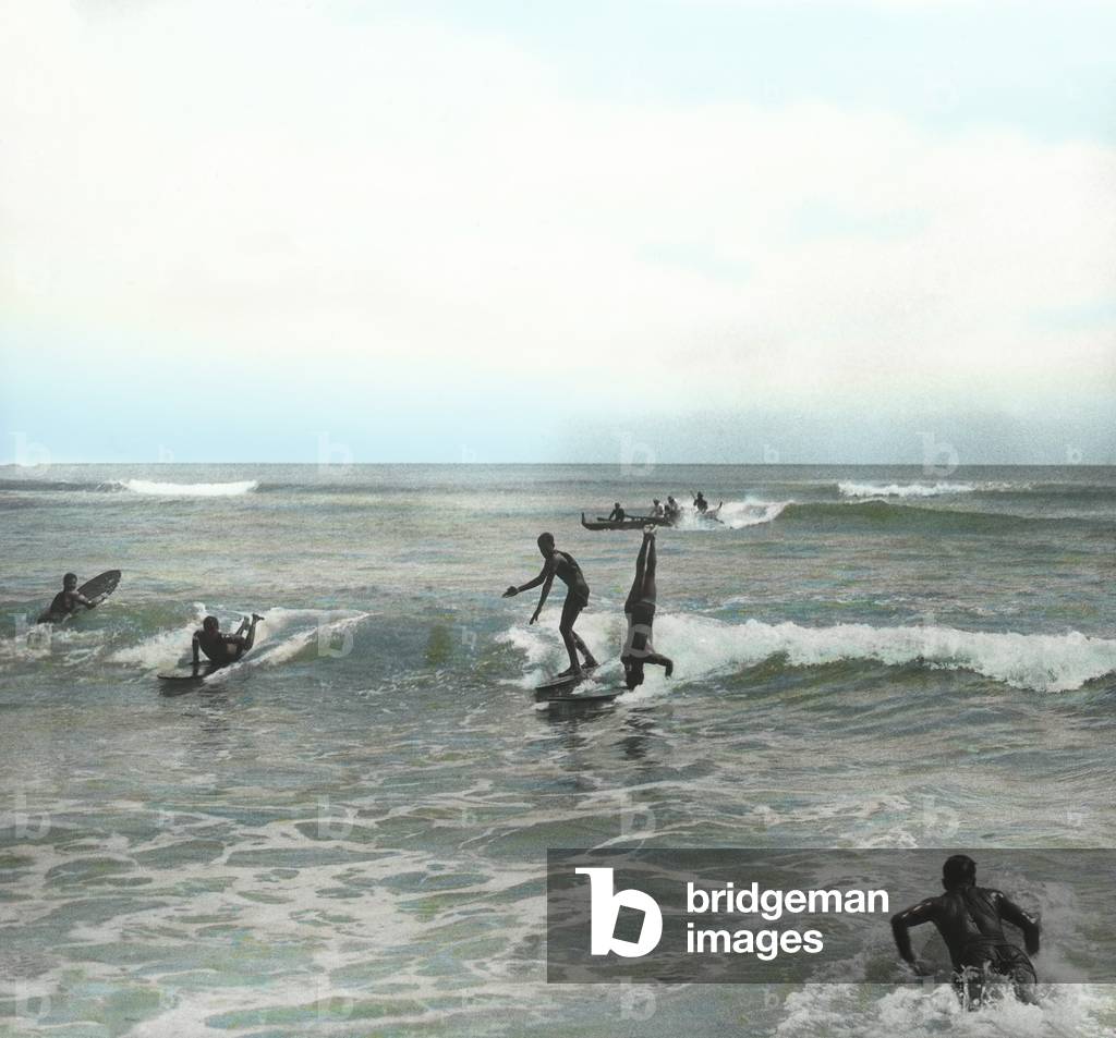 Surfing Waikiki (hand-coloured photo)