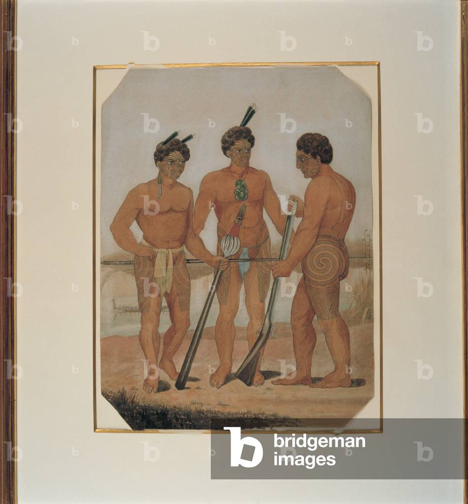 Three Tattooed Maori, Aotearoa, 1850 (watercolour on paper)