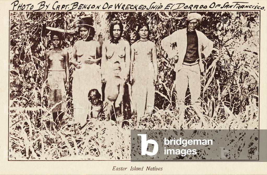 Easter Island Natives, photo by Capt. Benson of wrecked ship El Dorado, of San Francisco, photo c.1910s, printed as a postcard in the 1920s (b/w photo)