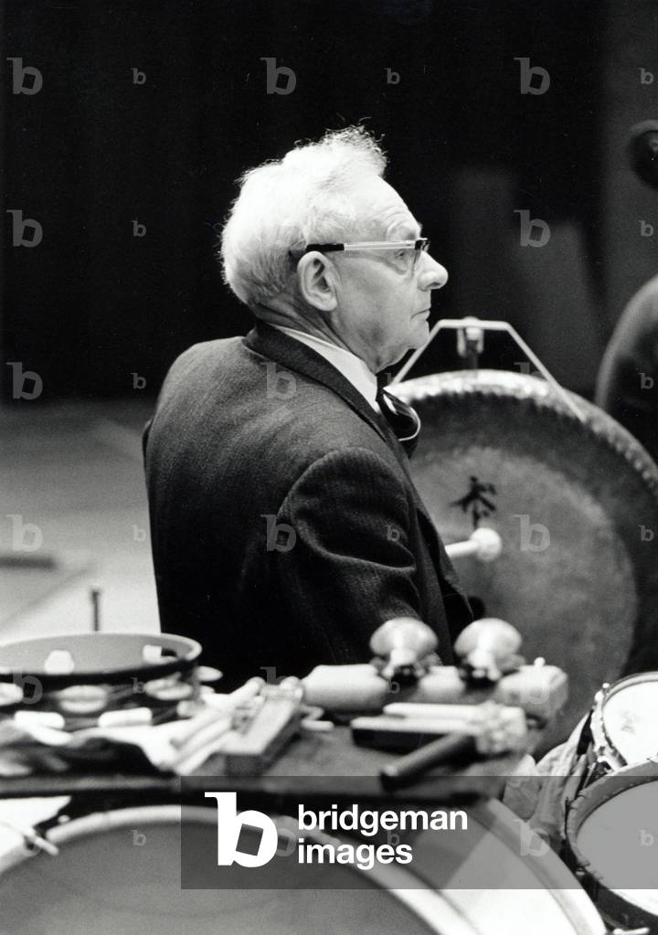 James Blades playing gong, 1979