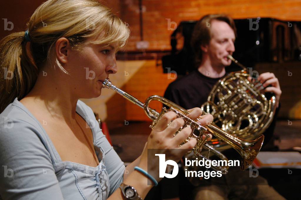 Alison Balsom playing the Scherzer Piccolo tuned to A  with a musician playing the horn next to her at the Aldeburgh Festival 2004