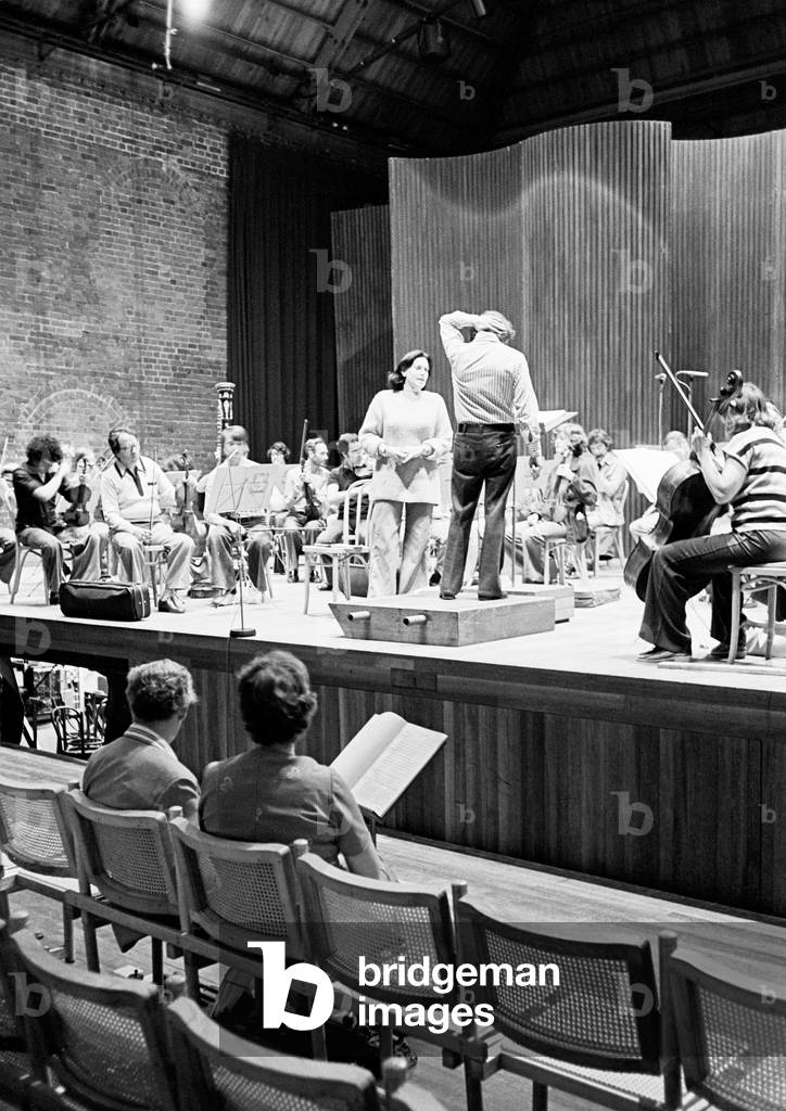 Benjamin Britten - (seated foreground) with Elisabeth Soderstrom & Andre Previn at performance of the English Chamber Orchestra, Snape Maltings, 1976