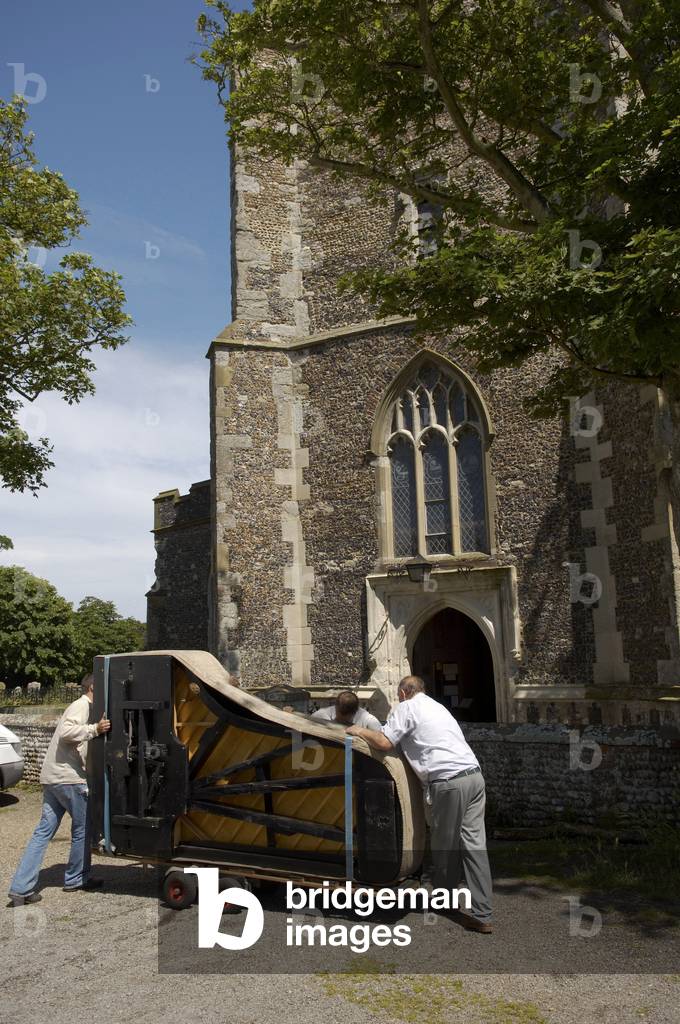 Piano being moved at Aldeburgh church, Suffolk, for the Aldeburgh Festival 2007