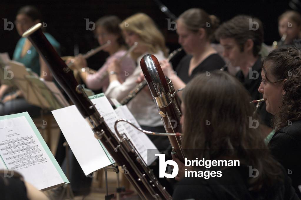 Woodwind section of the Britten-Pears Orchestra performing in Snape Maltings during the Aldeburgh Festival, June 2005