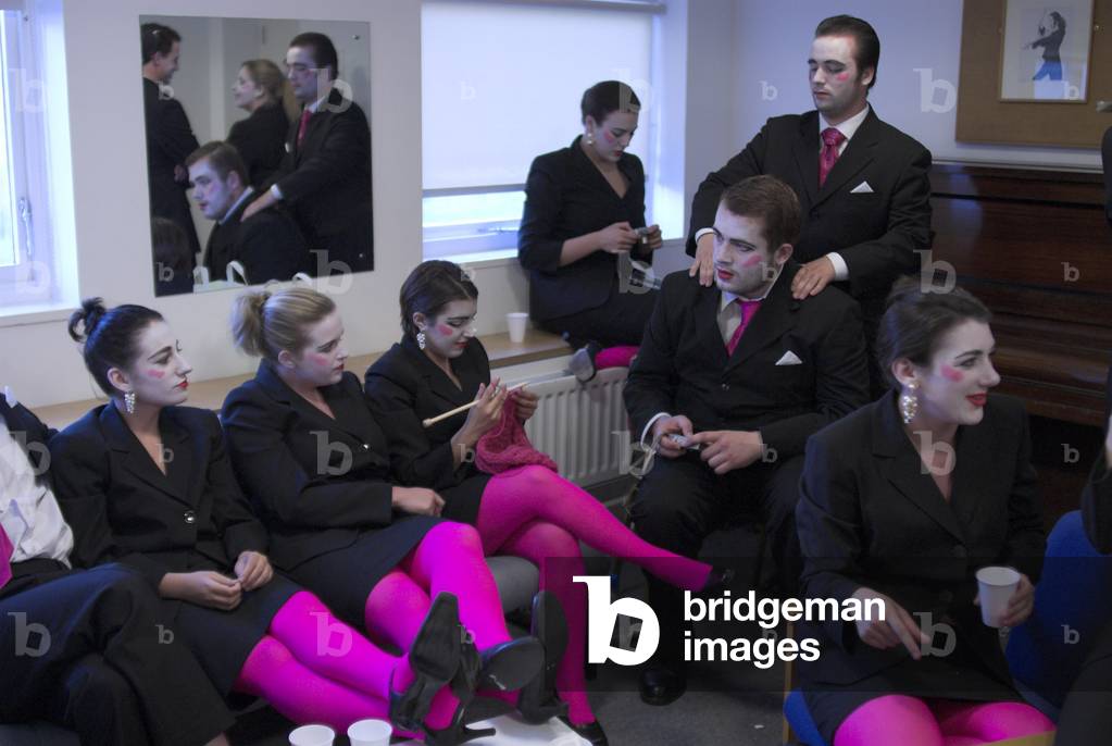 Performers in the Green Room during Igor Stravinsky 's opera 'The Rake's Progress', Snape Maltings, 2006