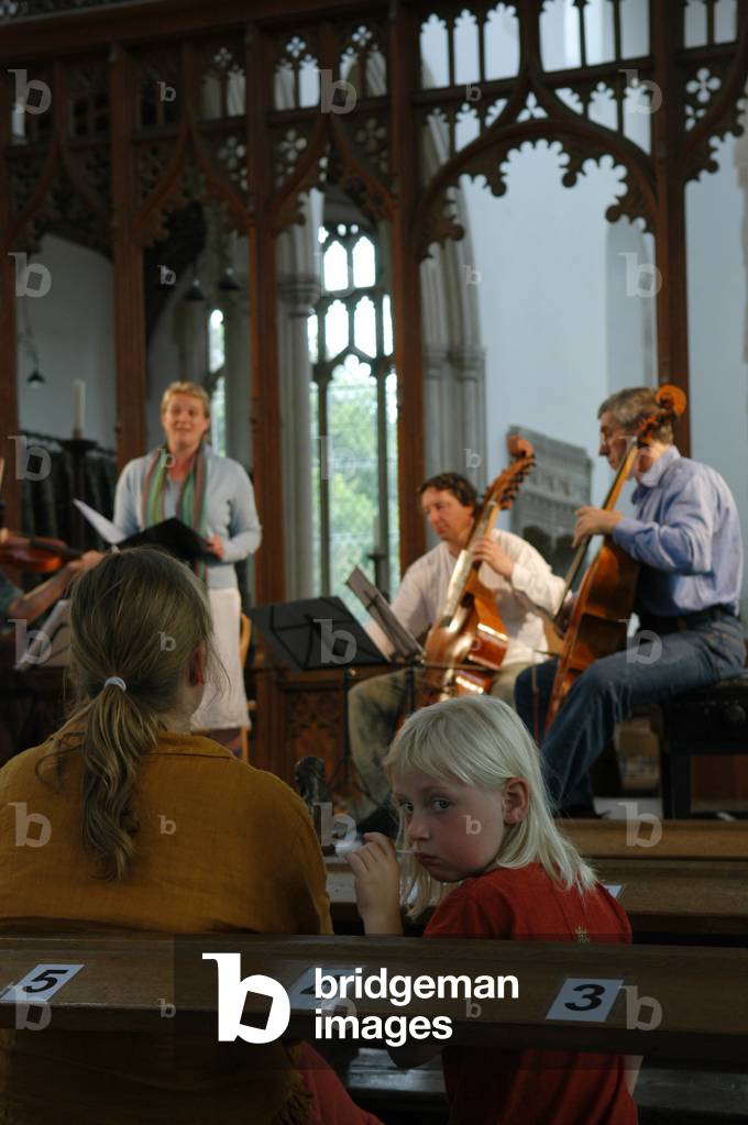 Rehearsal of string quartet in Blythburgh Church, Aldeburgh Festival 2004