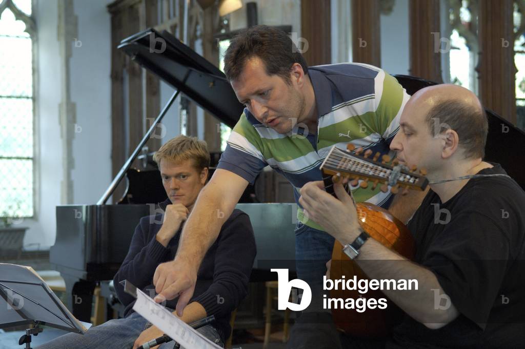 Toby Spence, Thomas Adès and William Carter - rehearsing at the Blythburgh church, Aldeburgh Music Festival, Suffolk, UK