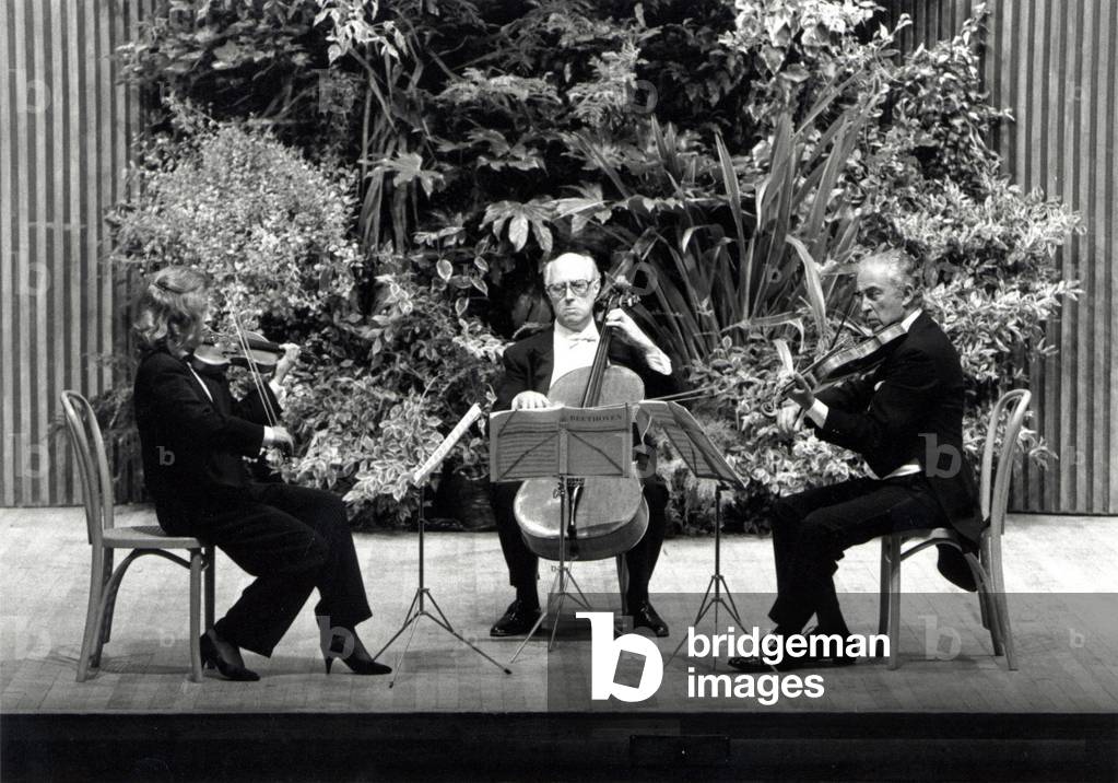 Anne-Sophie Mutter, Mstislav Rostropovich, Bruno Giuranna, performing at Aldeburgh, 1985