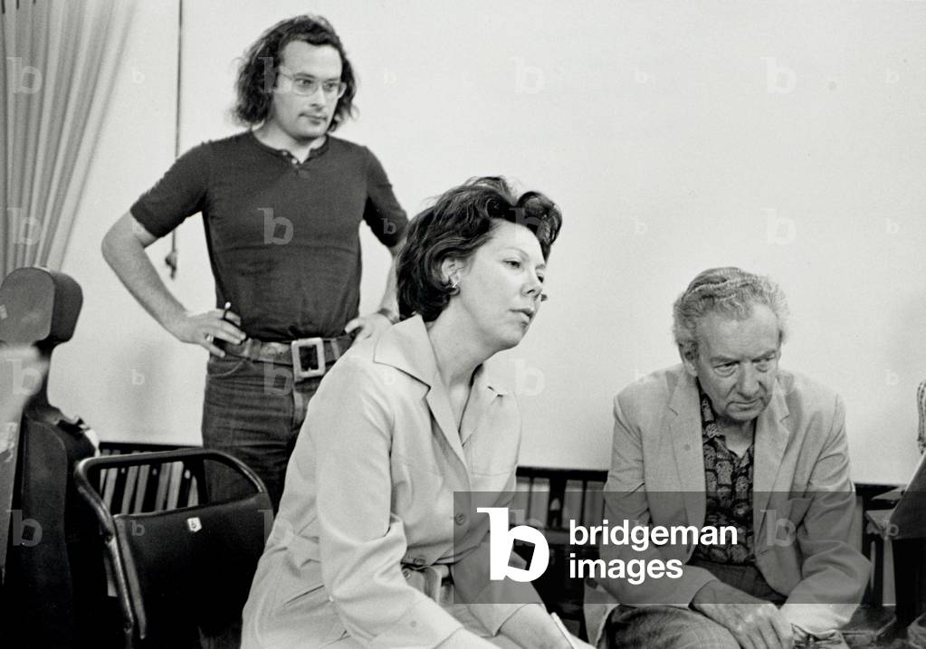 Benjamin Britten with Janet Baker & Collin Matthews at Phaedra rehearsal, 1976 English composer, conductor and pianist (1913-1976)