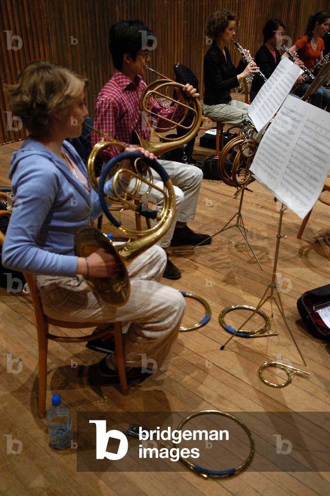 Horn section of orchestra  playing next to clarinet section