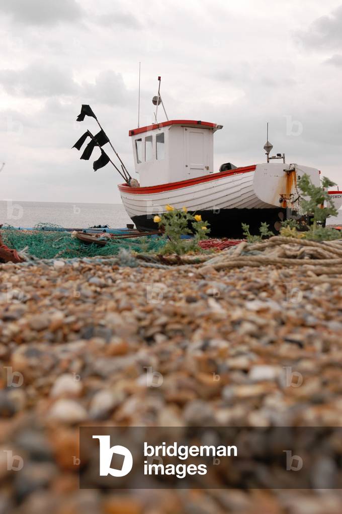 Aldeburgh, view of the sea with a boat in the foreground on the shore
