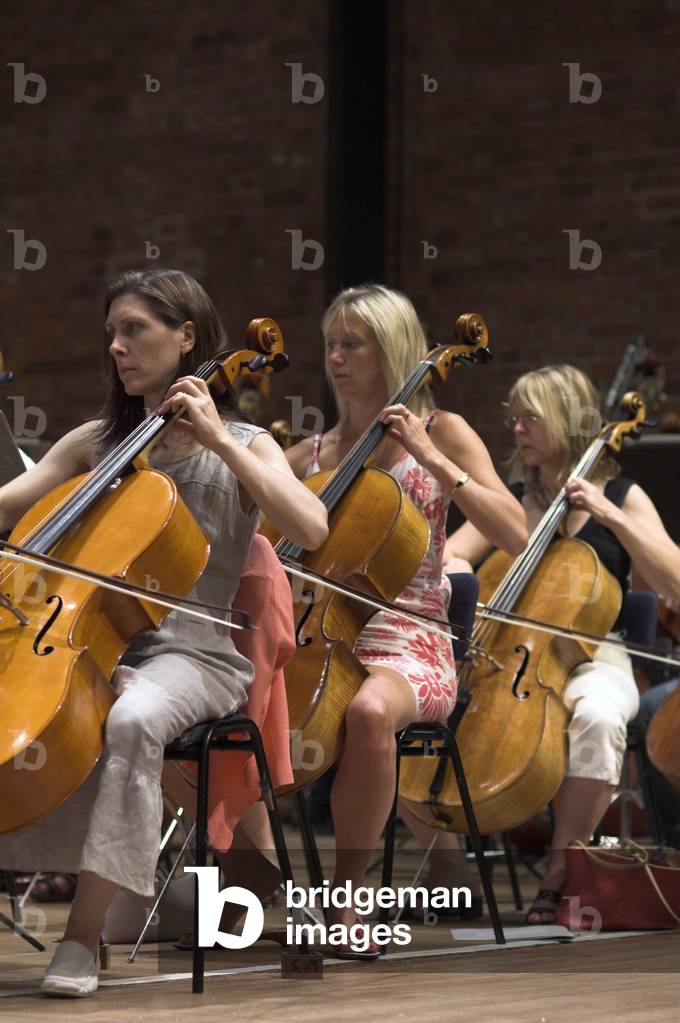 Cellists of the BBC Symphony Orchestra rehearsing in Snape Maltings during the Aldeburgh Festival, June 2005