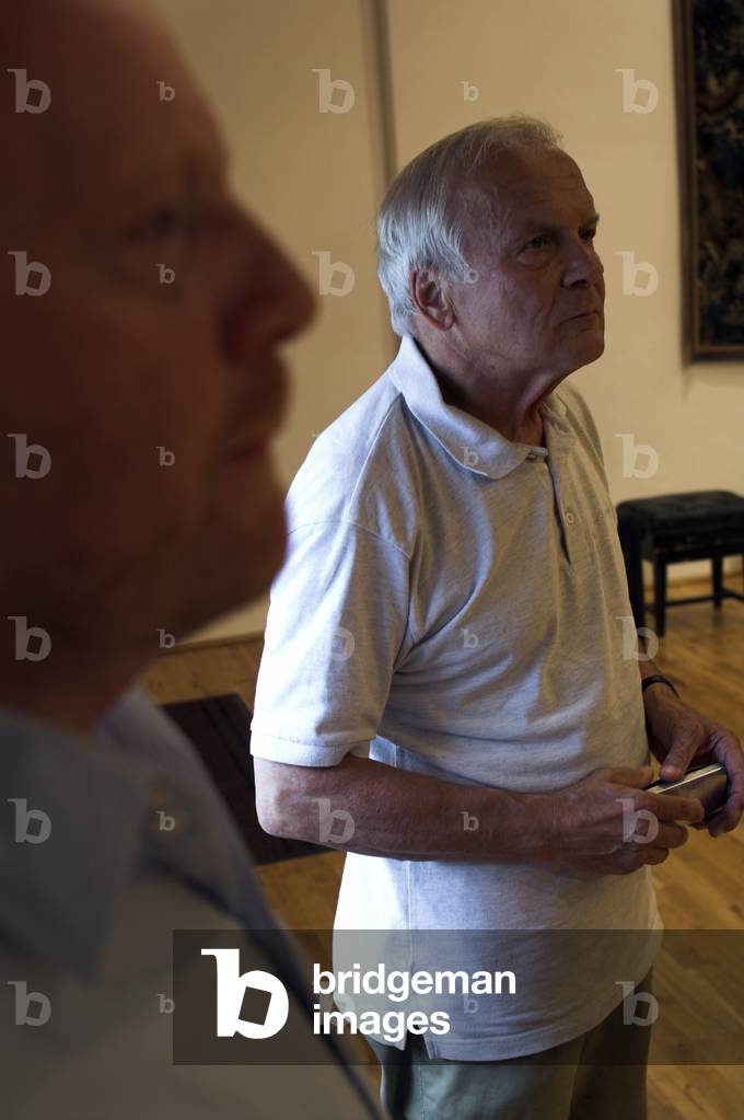 John Woolrich and Vinko Globokar - portrait of the British composer and French composer and trombone player at Snape Maltings during the Aldeburgh Festival, June 2005