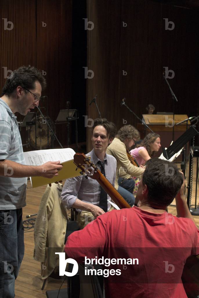 Thomas Adès (British composer, pianist and conductor), Ian Bostridge (tenor) and Craig Ogden (guitar) in rehearsal with City of Birmingham Symphony Orchestra at Snape Maltings