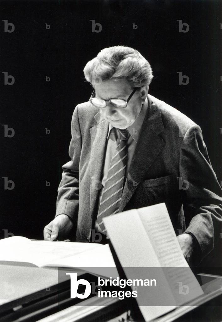 Henri Dutilleux studying music score at  Aldeburgh Festival, 1985