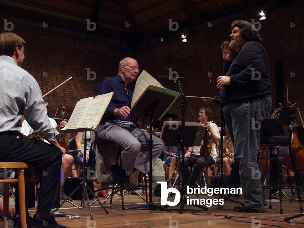 Mauricio Kagel rehearsing at Aldeburgh with Oliver Knussen conducting and the BBC Symphony Orchestra
