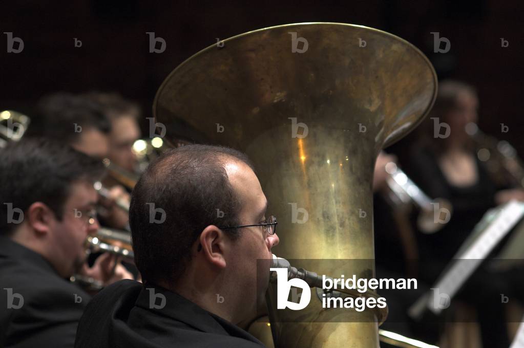 Brass players of the Britten-Pears Orchestra performing in Snape Maltings during the Aldeburgh Festival, June 2005