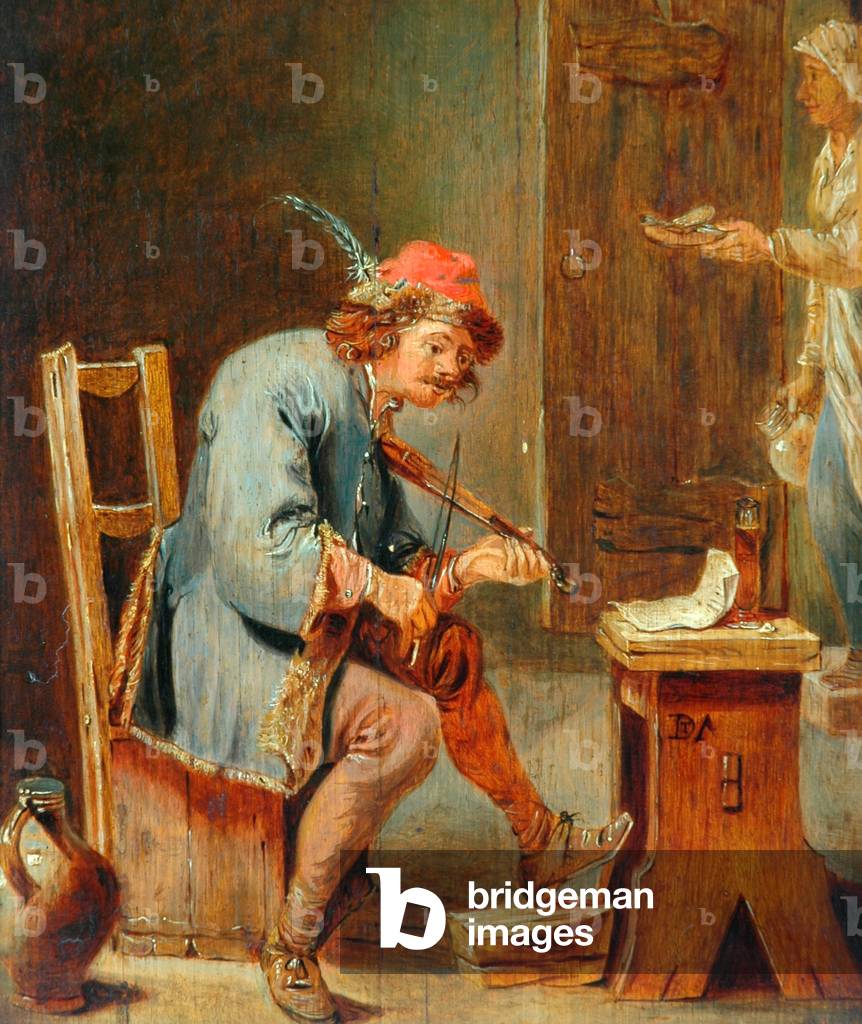 Man Playing a Fiddle, 1800-50 (oil on wood panel)