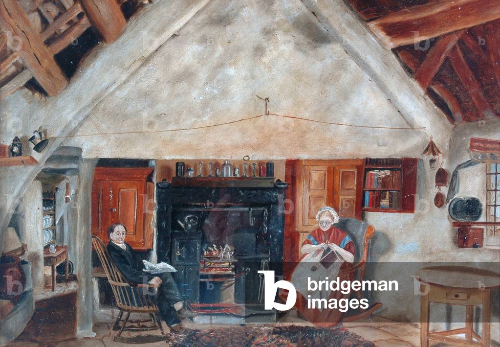 Interior of Cruck Cottage, possibly Shipley Glen (oil on canvas)