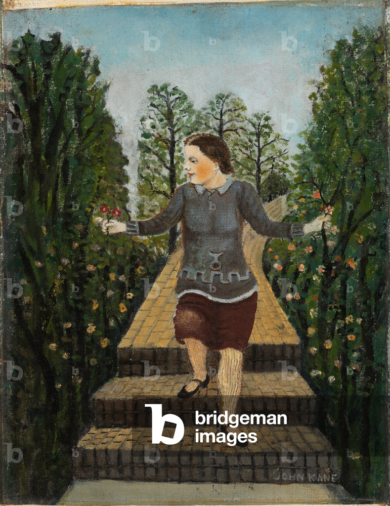 Girl Walking Down the Garden Steps (oil on canvas)