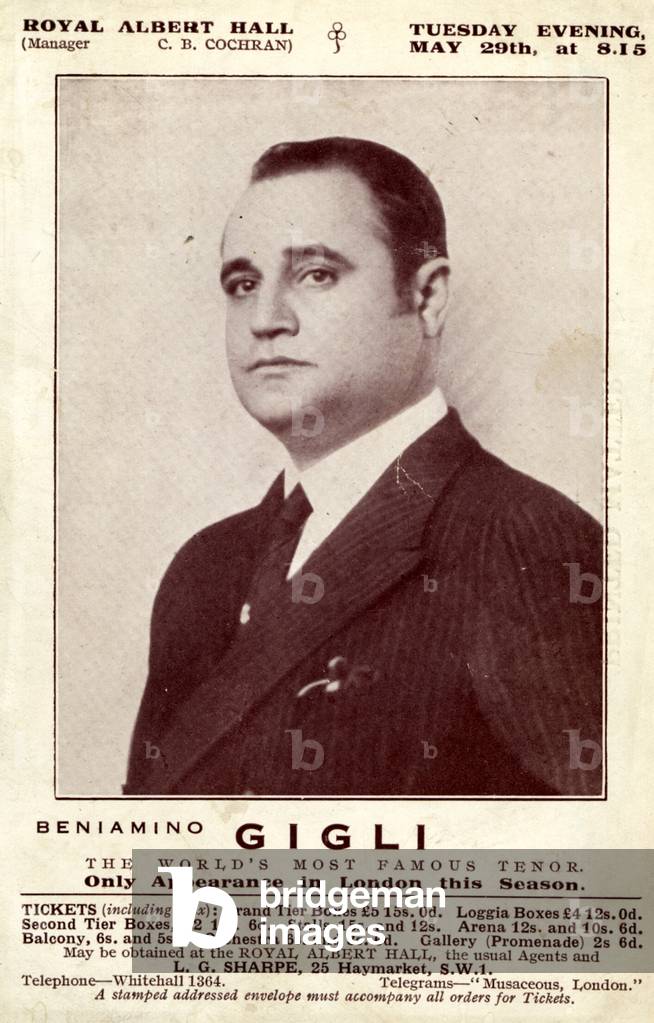 Beniamino Gigli, portrait on card announcing the tenor's appearance at the Royal Festival Hall, London