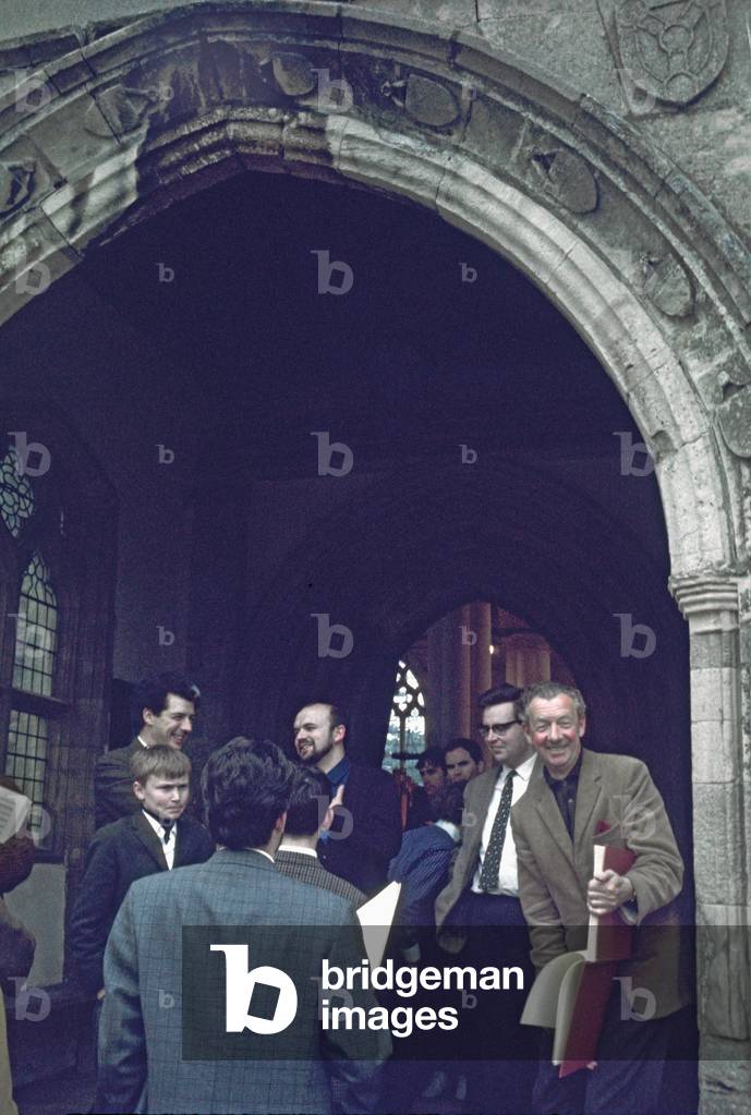 Benjamin Britten during a rehearsal of 'The Burning Fiery Furnace' in Orford Church, Suffolk, June 1967 (photo)