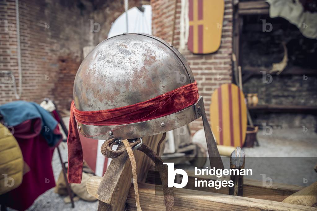 Detail of helmet with protection for the nose, Middle Ages, Italy XIII century, Hypothesis reconstructive military civilian life inside a castle, Soncino, Lombardy, Italy (photo)