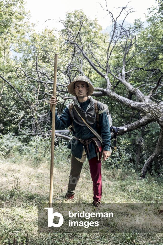 Rural civilization late 14th century: Blade merchant traveling to France. Equipment of a craftsman on the go. Italo-French alpine trails. Late 14th century, 2020 (photo)