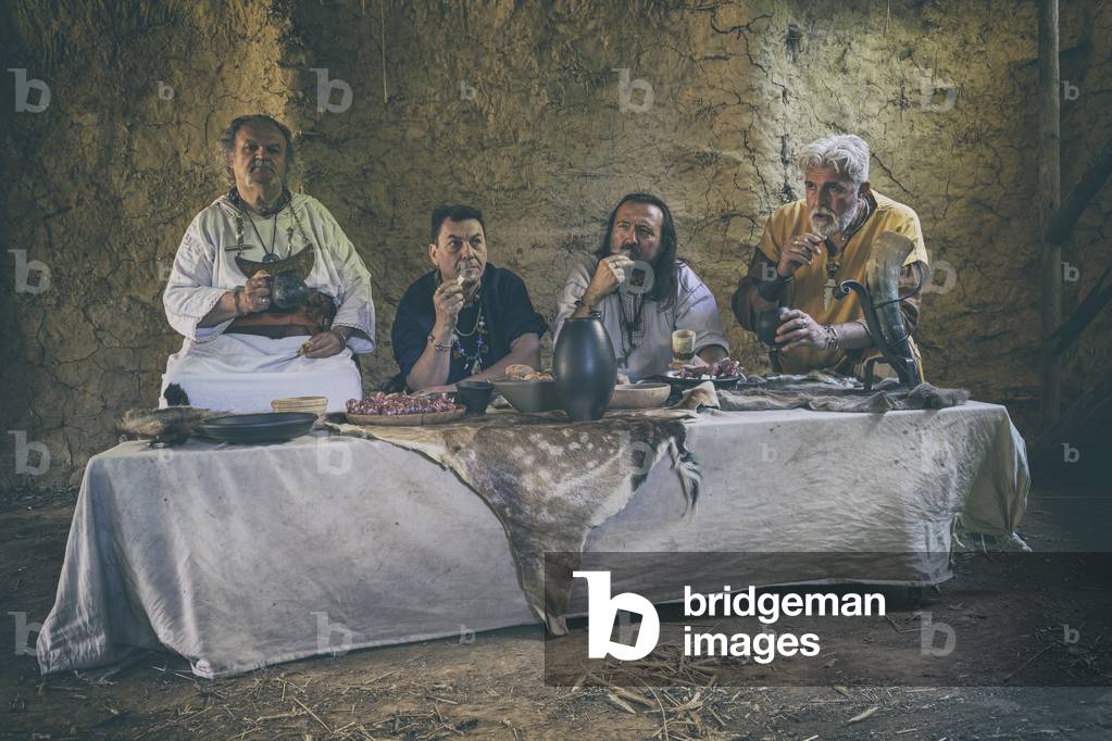 Iron Age, Daily Life in Cisalpine Gaul: The Banquet of the Elders (from left The Druid, the Ovate, the Rix and the Elder Warrior), Valdieri, Cuneo, Piedmont, Italy, 2020 (photo)