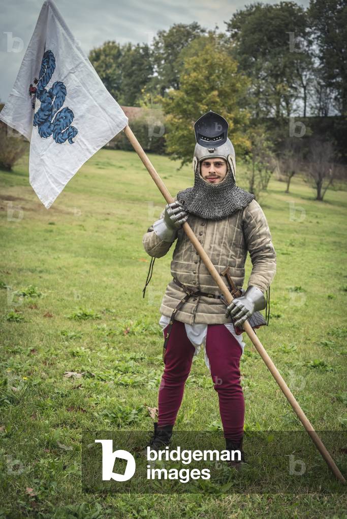 Second half of the 14th century: Portrait of a janker with banner of the Visconti, Marimondo, Milan, Italy (photo)