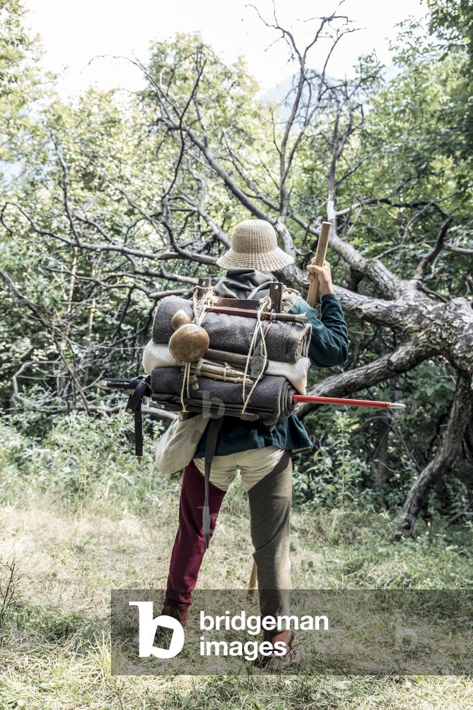 Rural civilization late 14th century: Blade merchant traveling to France. Equipment of a craftsman on the go. Italo-French alpine trails. Late 14th century, 2020 (photo)