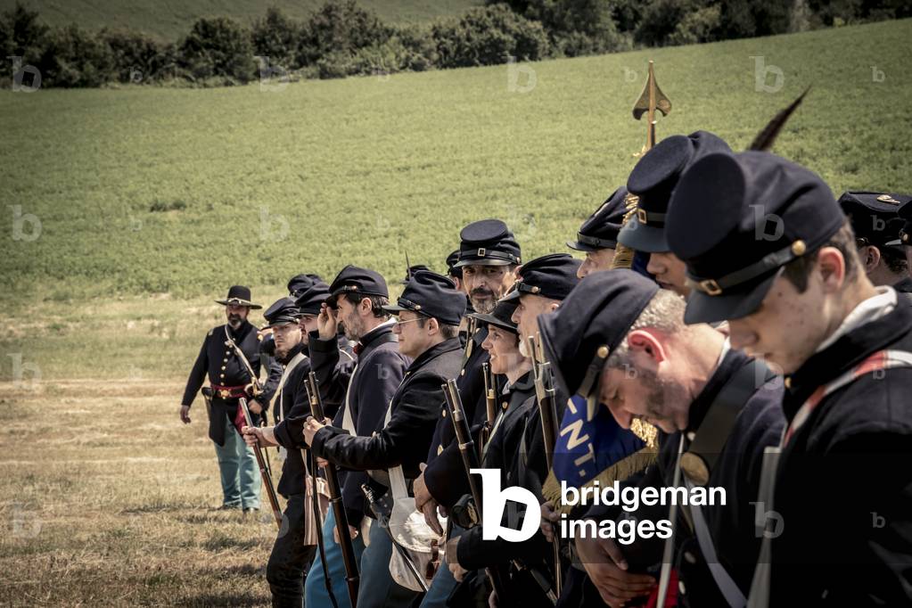 Company with full ranks deployed for the morning assembly, Century XIX: American Civil War, Borzano di Albinea, Reggio Emilia, Italy (photo)