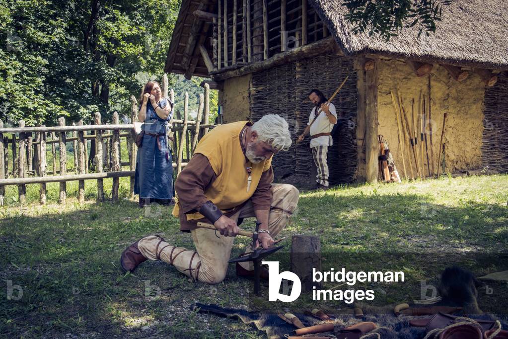 Iron Age, Daily Life in Cisalpine Gaul: the blacksmith finishes the blade of a knife, Valdieri, Cuneo, Piedmont, Italy, 2020 (photo)