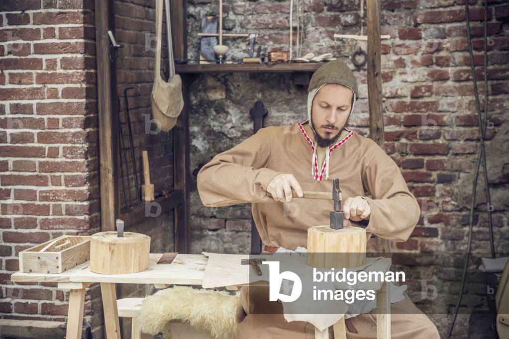 Crafts, metalworking, Middle Ages, Italy XIII century, Hypothesis reconstructive military civilian life inside a castle, Soncino, Lombardy, Italy (photo)