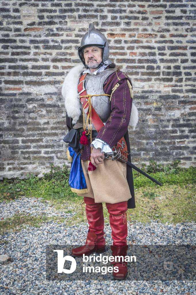 17th century, North Italy: country militia. Reconstructive hypothesis civil and military uses and customs. Portrait of captain of the village Militia, Varrua Savoia, Piedmont, Italy (photo)