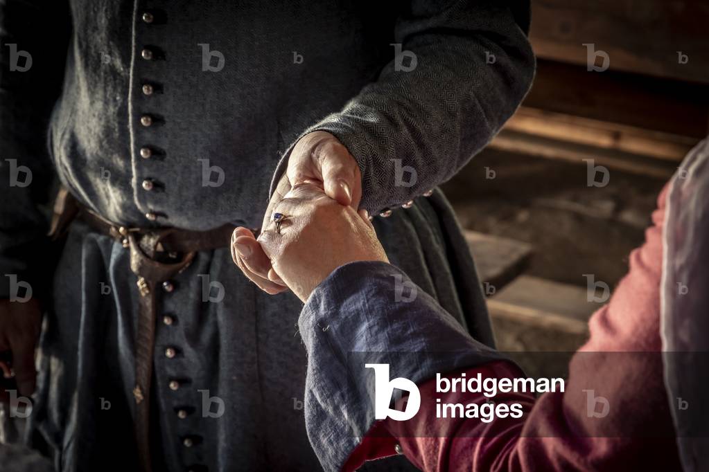 Two young newlyweds during the wedding ritual, Daily life early 15th century, Northern Italy, Piedmont, Italy (photo)