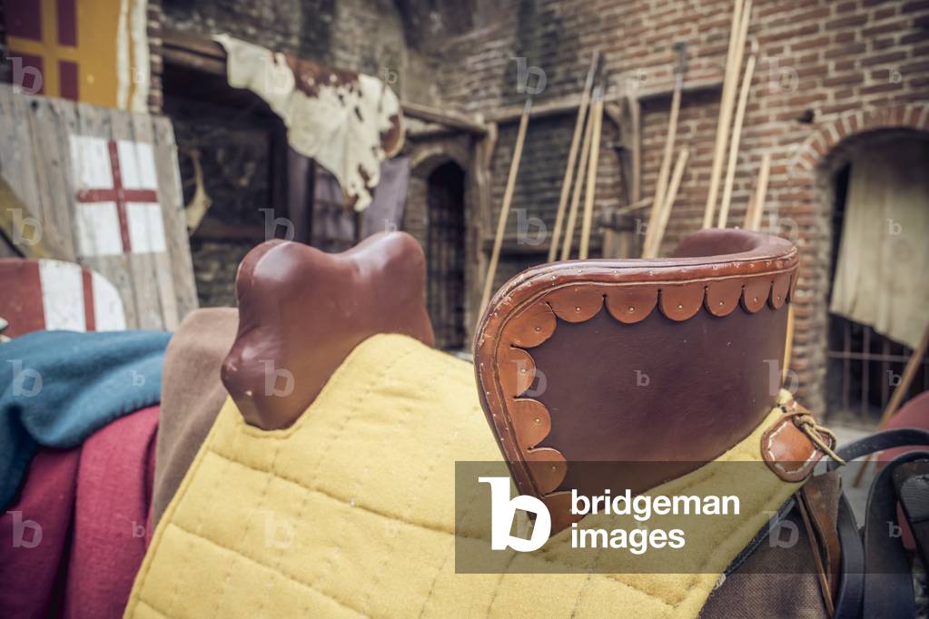 Detail of a saddle, Middle Ages, Italy XIII century, Hypothesis reconstructive military civilian life inside a castle, Soncino, Lombardy, Italy (photo)