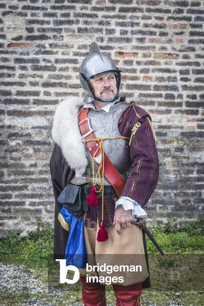 17th century, North Italy: country militia. Reconstructive hypothesis civil and military uses and customs. Portrait of captain of the village Militia, Varrua Savoia, Piedmont, Italy (photo)