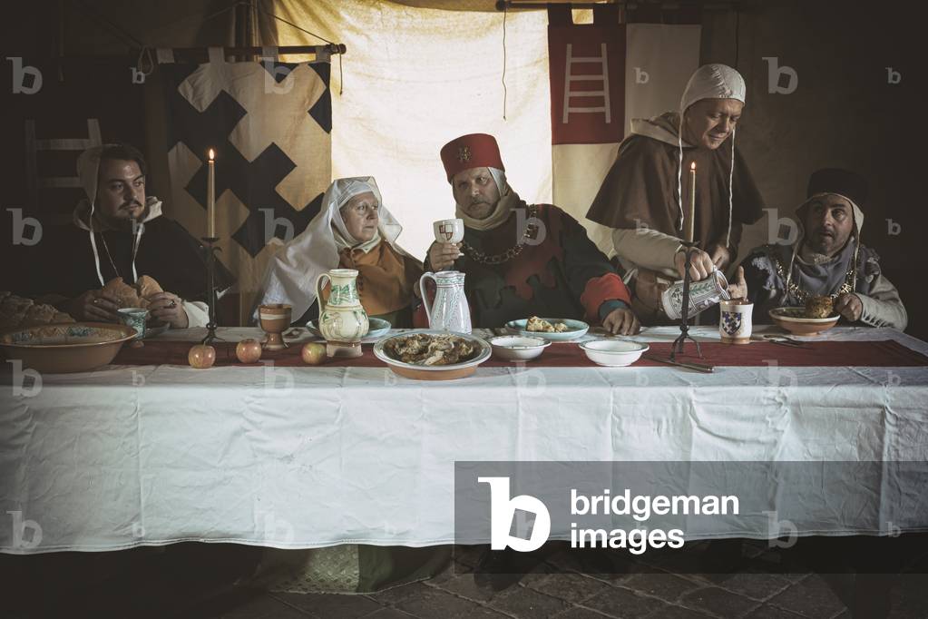 Hypothesis reconstructive military civil life under the Signoria of the Scaligeri, 14th century: The banquet of the nobles, Castle of San Martino della Vaneza, Fossona di Cervarese Santa Croce, Padua, Italy (photo)